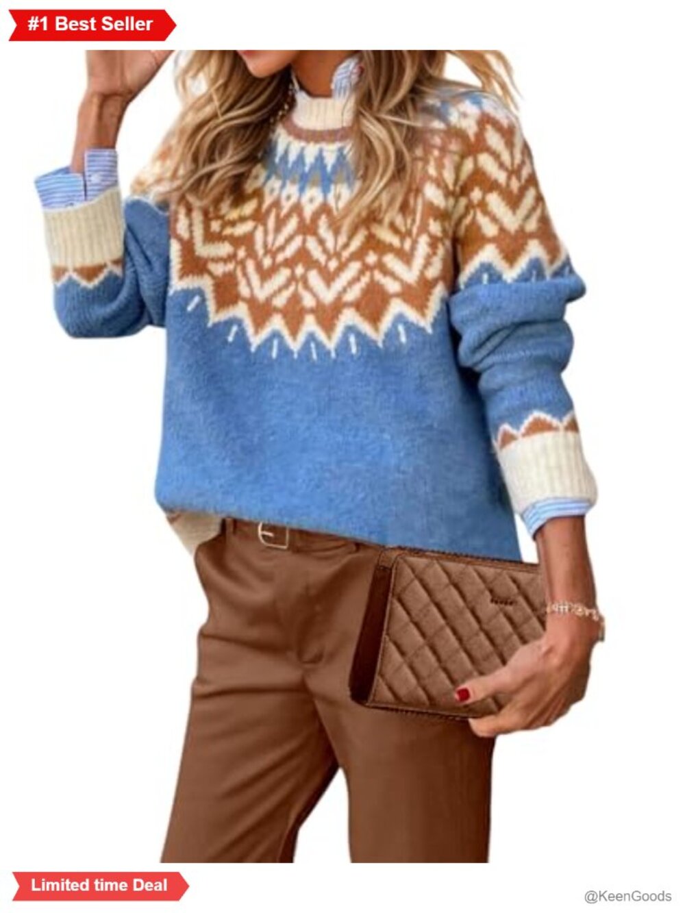Womens Fair Isle Sweater Mock Neck Ribbed Knit Pullover